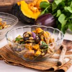 bowl of roasted butternut squash and eggplant pasta