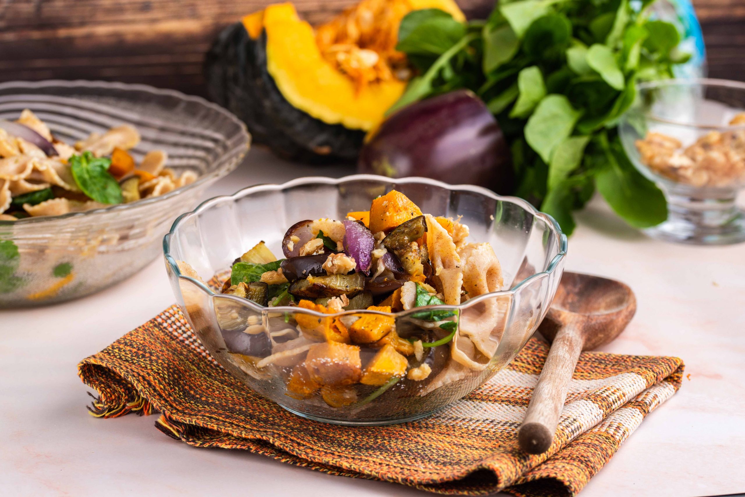 bowl of roasted butternut squash and eggplant pasta