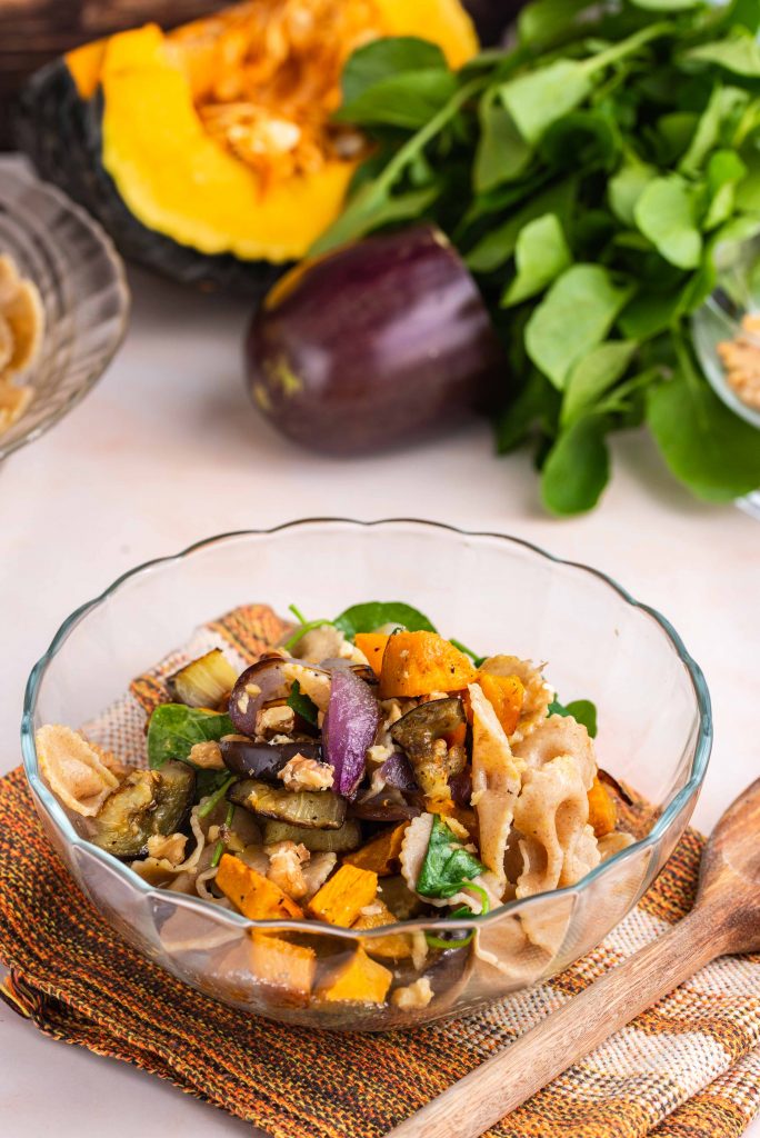 bowl of kabocha and eggplant pasta