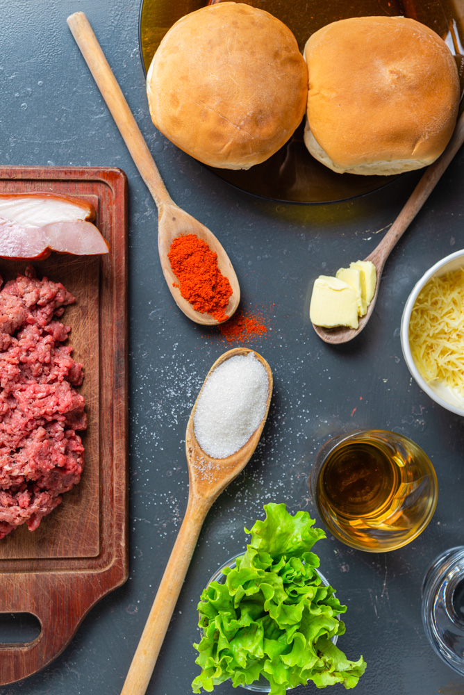 ingredients to make a burger with bourbon sauce