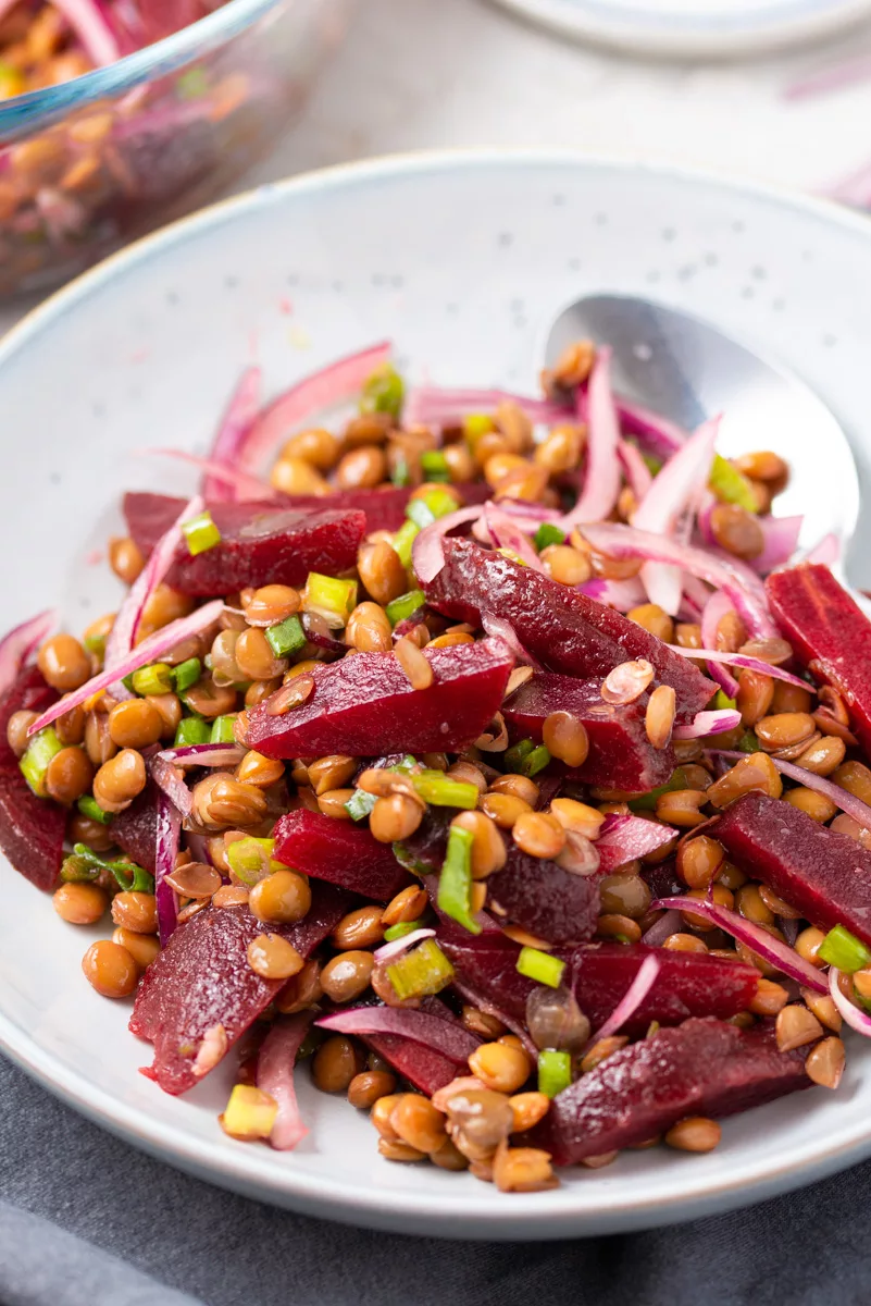 beet root and lentils salad on a bowl
