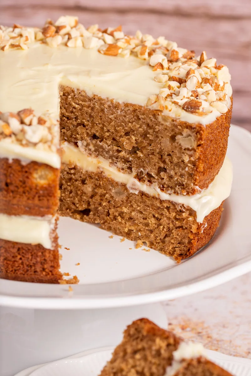 a spice cake cut in the middle