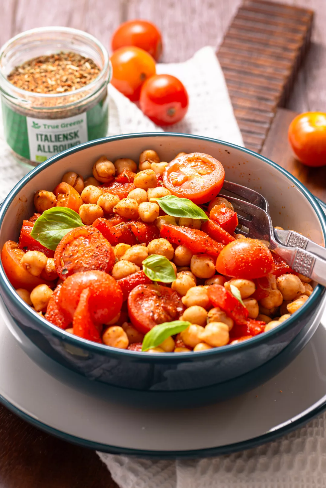 front view of a bowl of chickpea italian salad