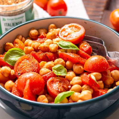 front view of a bowl of chickpea italian salad